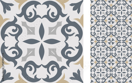 Seamless Azulejo tile. Portuguese and Spain decor. Ceramic tile. Seamless Floral pattern. Vector hand drawn illustration, typical portuguese and spanish tile