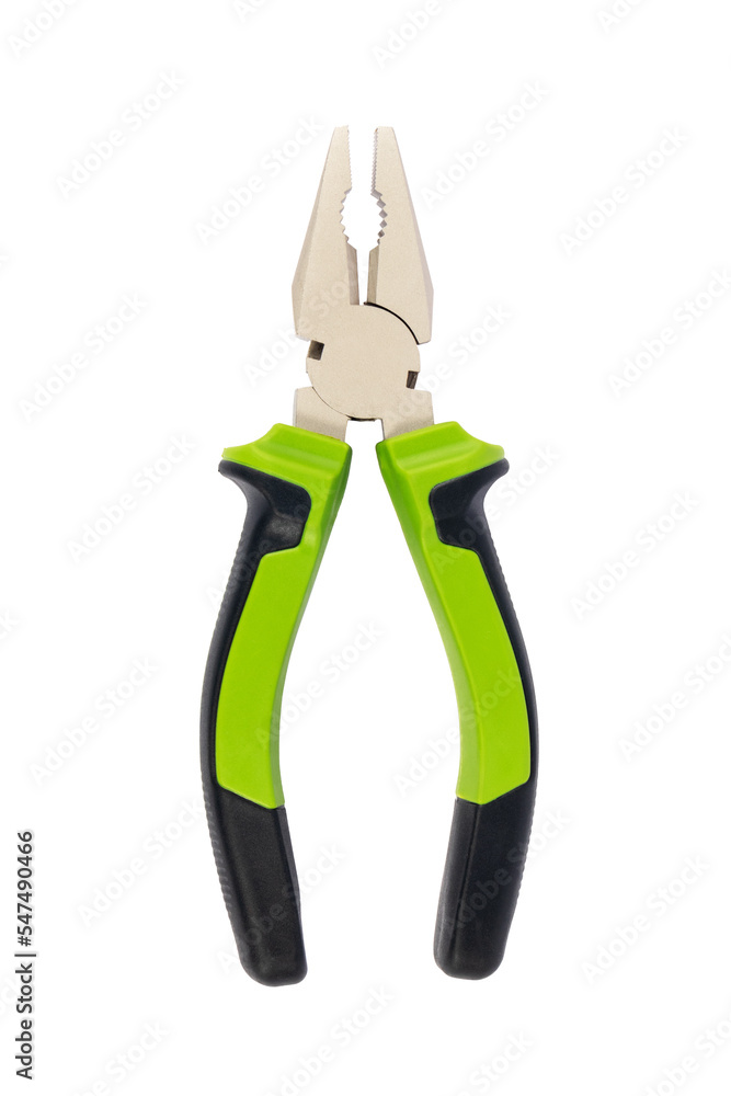 Fototapeta premium Green pliers isolated on white background. Top view. Tool.