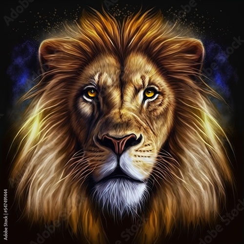 Portrait of a Beautiful lion  lion in the dark  oil paints  soft lines.