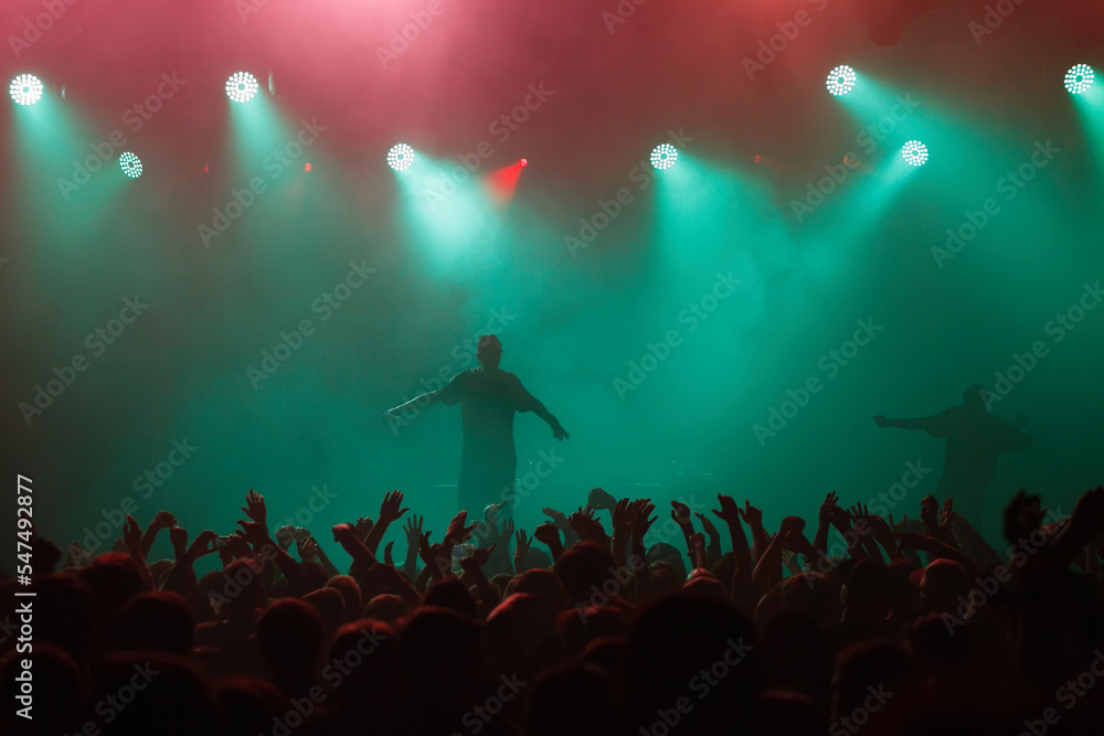 Rap singer performing on concert in music hall. Silhouette of rapper singing on stage in night club - obrazy, fototapety, plakaty 