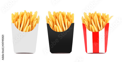 French fries in paper box isolated on white background.