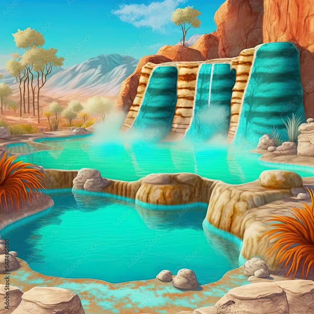 Fantasy landscape. Mineral thermal springs. Natural travertine pool ...