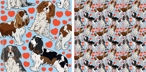 Pattern design with hearts, Cavalier King Charles Spaniel dogs doodles, and seamless pattern. T-shirt, wallpaper, wrapping paper, blue background graphic design with hearts. Valentine's Day.