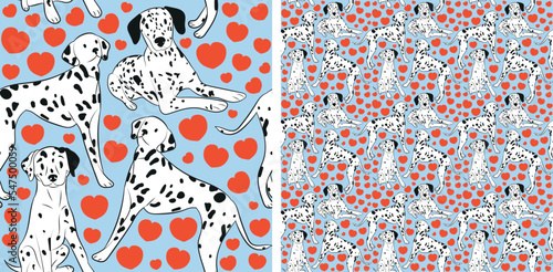 Pattern design with hearts, funny Dalmatian dogs doodles, and seamless pattern. T-shirt textile, wallpaper, wrapping paper, background graphic design with hearts, blue background. Valentine's Day.