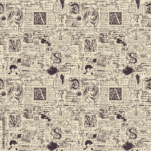 Vector seamless pattern on writers theme. Abstract background with unreadable handwritten notes and hand-drawn initial letters, an angel, a typewriter. Suitable for wrapping paper, wallpaper, fabric