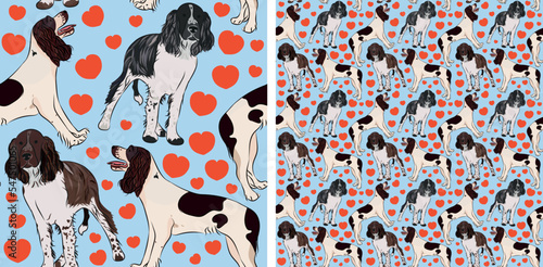 Photography Pattern design with hearts, funny Springer Spaniel dogs doodles, and seamless pattern