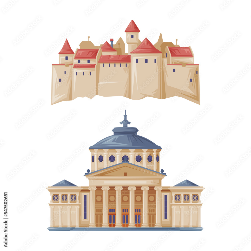 Stone Medieval Castle and Athenaeum as Romania Traditional Symbol and Object Vector Set