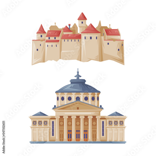 Stone Medieval Castle and Athenaeum as Romania Traditional Symbol and Object Vector Set photo