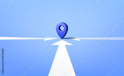 3d vector Pointer on a blue background. Location locator on the map. Pointing arrows on pointer