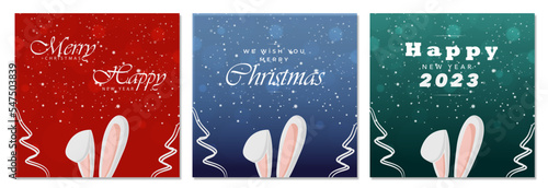 Happy Rabbit. Symbol of New Year 2023. Set ofe cards 
