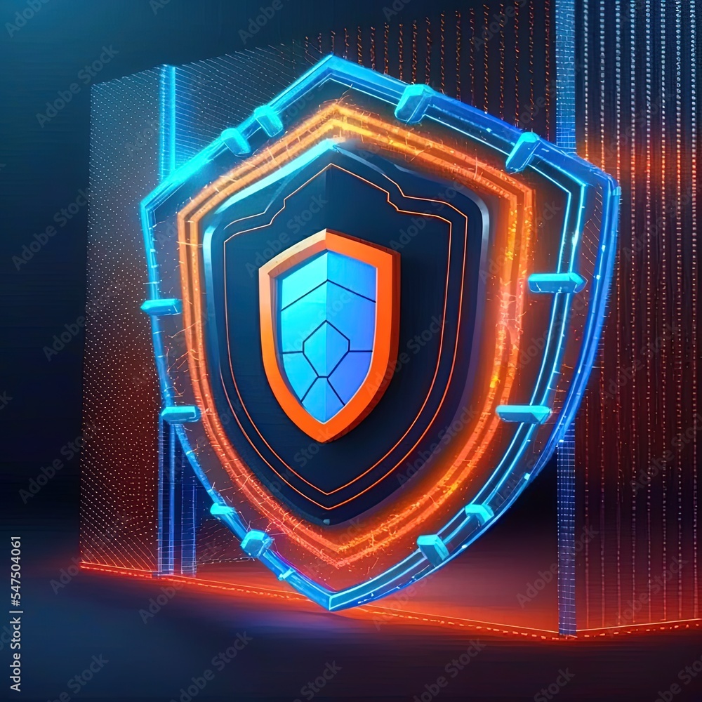 Blue and orange underground cyber security hologram with digital shield 3D rendering Blue and orange underground cyber security hologram with digital shield 3D rendering