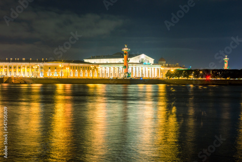 Building of Old Stock Exchange and Rostral Columns at the Eastern end of Vasilievsky island in St. Petersburg