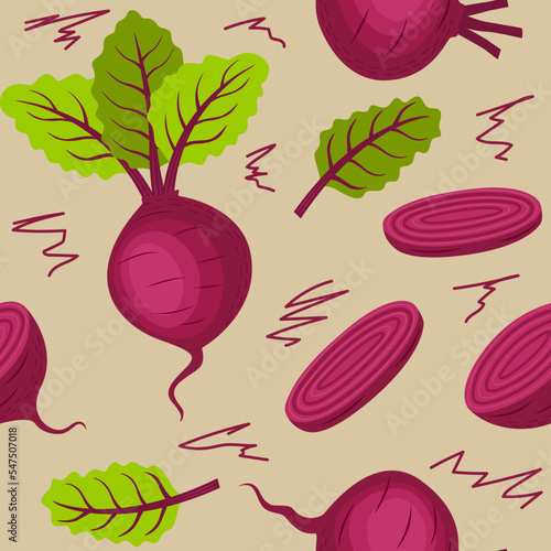 Vector seamless pattern with beets on a beige background in a flat style. Ideal for print, wrapping paper, wallpaper, fabric, design.
