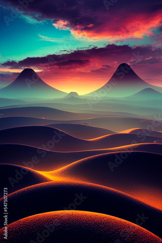 unusual desert dunes under a contrasting saturated sky. High quality illustration