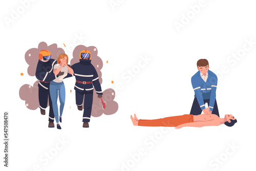 Rescue and Life Saving Emergency Operation with Firefighter Leading Woman from Smoke and Man Doing External Cardiac Massage Vector Set
