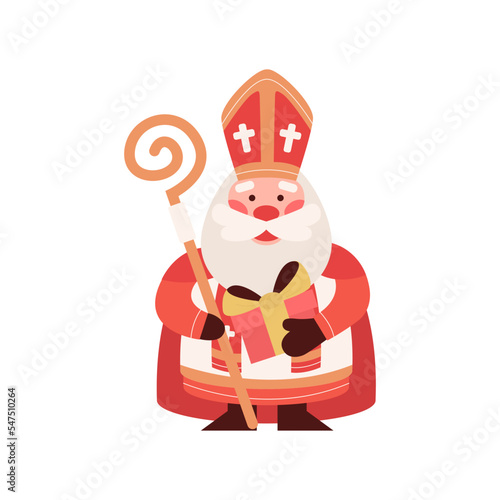 Cute Saint Nicholas or Sinterklaas with gift box and staff. Happy St Nicholas Day. Old man bishop character. Winter Christian holiday. Mascot cartoon vector illustration.