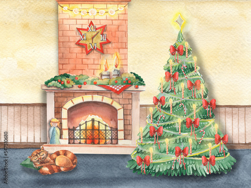 Watercolor warm cosy christmas illustration of decorated home. Interior with shining fireplace, clock and candles, beautiful vintage xmas tree and sleeping cat. photo