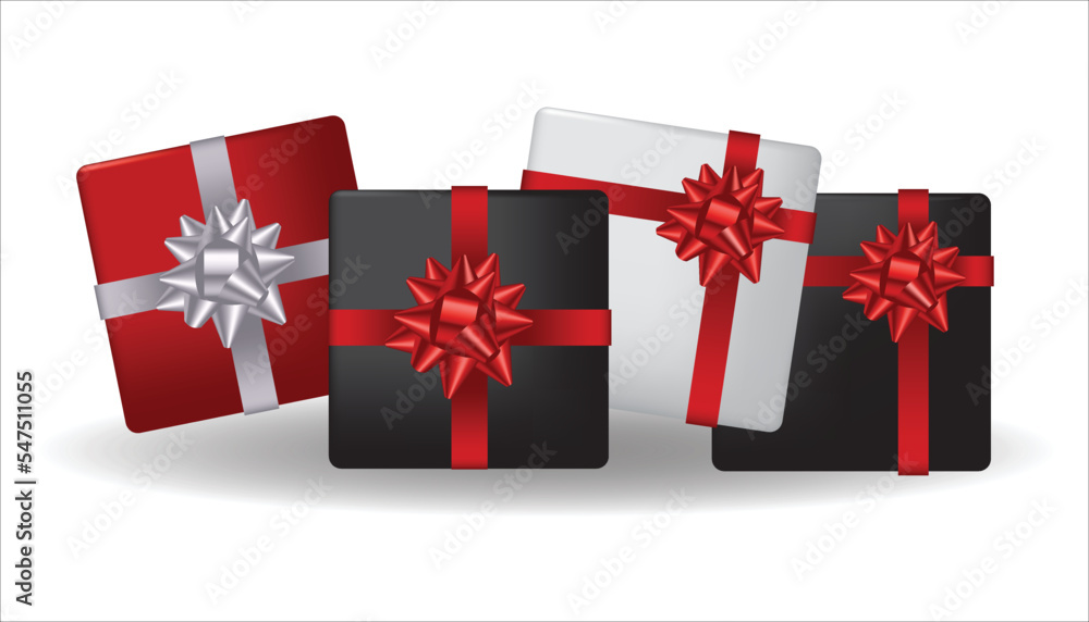 Fototapeta premium Vector set of white gift boxes with different color ribbons. Realistic giftbox in front view, isolated on white background.