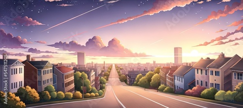Art for anime series. City. SunSet. AI generated art illustration. #547511205
