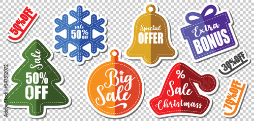 Christmass Stickers with outline and shadows - Sale tags - Banner price and discount labels - Vector illustration