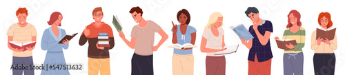Group of people holding books and standing in a row. Students studying and preparing for examination. 
