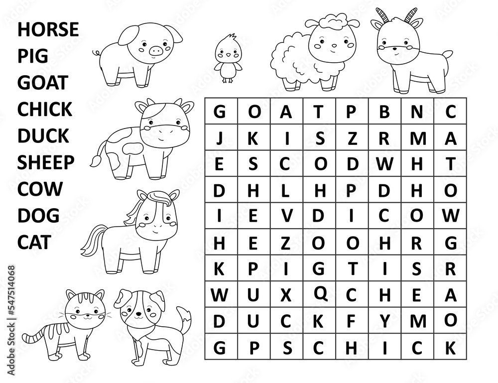 Word Search Game For Children Crossword With Farm Animals Educational