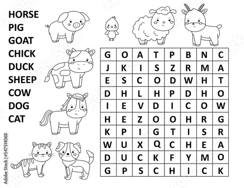 Word search game for children. Crossword with farm animals. Educational puzzle. Printable worksheet. Coloring page for kids. Find words in a table. Vector illustration.