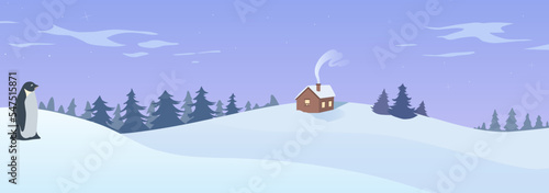The winter landscape with house and penguin. Vector eps