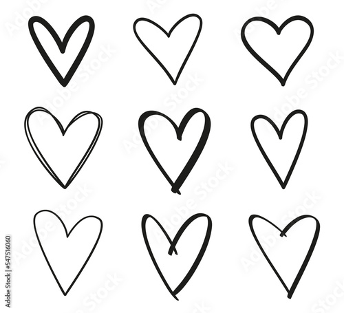 Hand drawn grunge hearts on isolated white background. Set of love signs. Unique image for design. Black and white illustration. Sketchy elements for design
