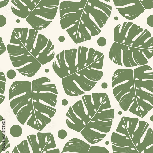 Tropical seamless pattern with monstera leaves elements.