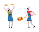 Man Pizzaiolo in Toque Throwing Dough in the Air and Carrying Shovel Cooking Pizza Vector Set