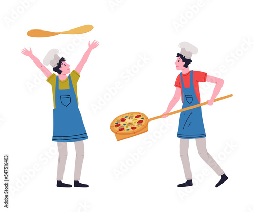 Man Pizzaiolo in Toque Throwing Dough in the Air and Carrying Shovel Cooking Pizza Vector Set