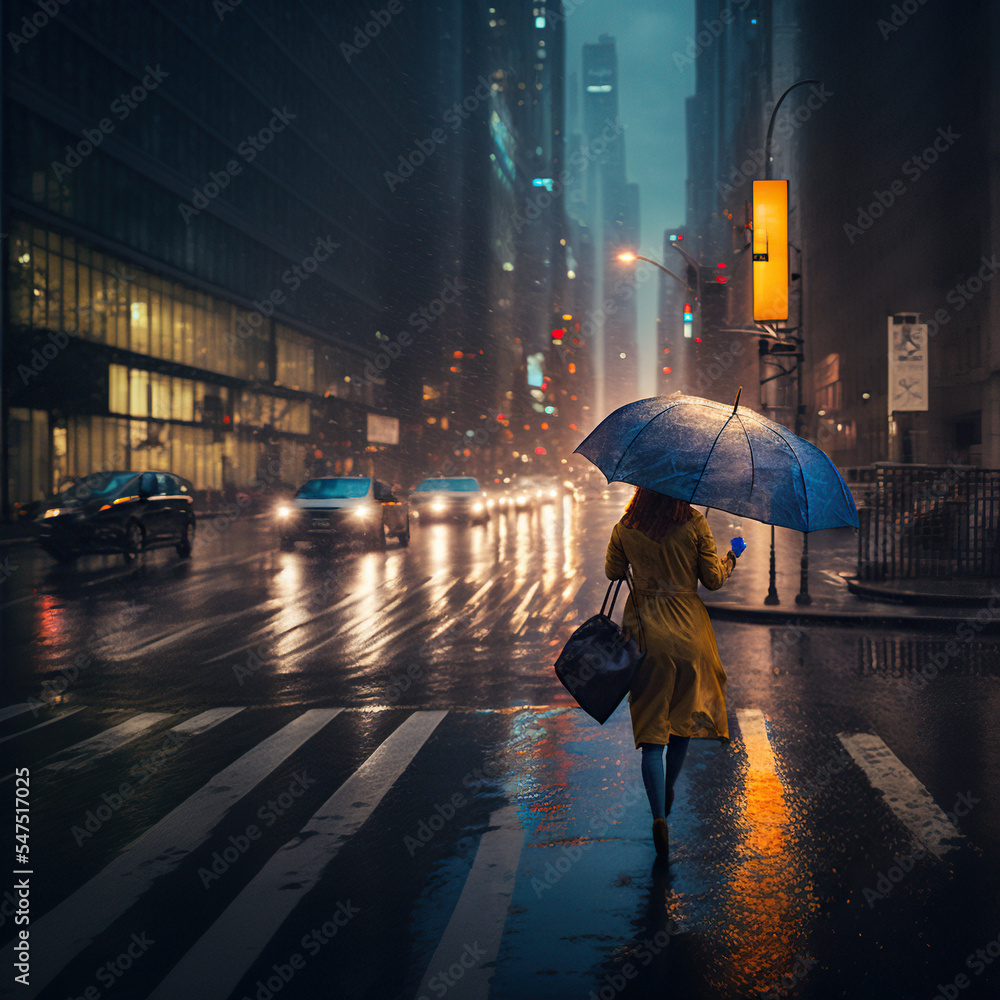 Obraz premium Woman with an umbrella walking the city streets at night in the rain. Illustration.