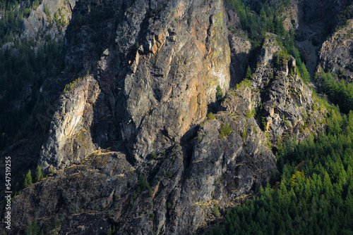 Detail of the rugged west face of Mount Si in the Washington Cascades with fir trees on the flank