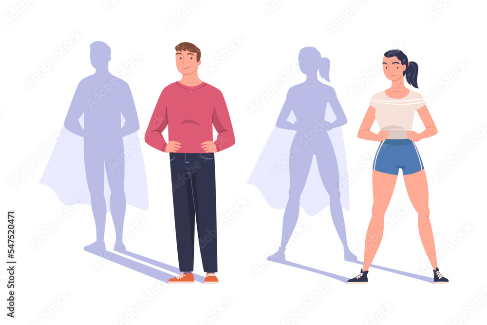 Shadow of Man and Woman Superhero Character Standing and Smiling Vector Set