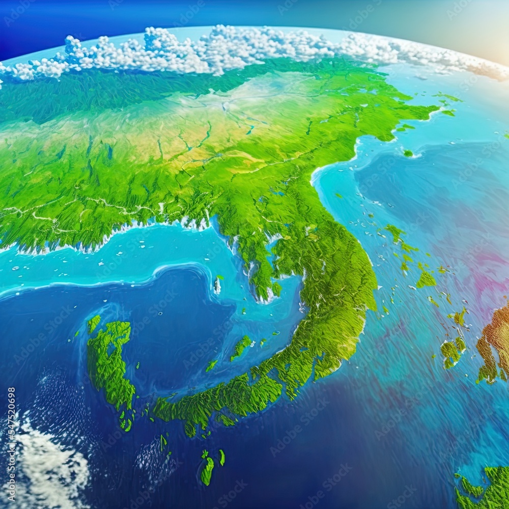Asia on planet Earth from space. Extremely fine detail of planet surface with real plastic mountains and ocean floor. 3D illustration. Elements of this image furnished by NASA.