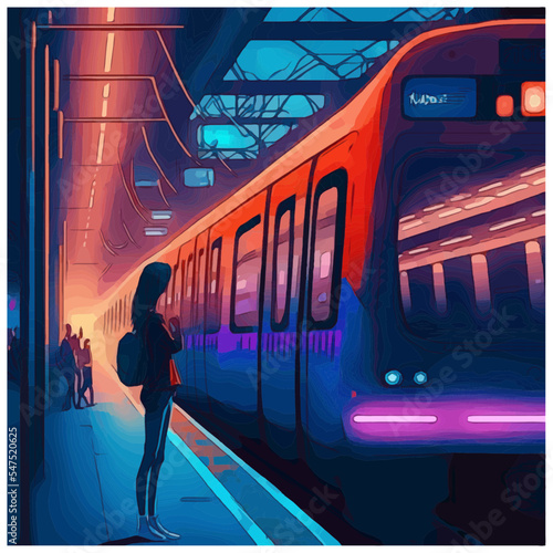 Vaporwave Image of a Woman Waiting for a Neon Lit Train. [Vector Illustration, Digital Art, Sci-Fi Fantasy Horror Background, Graphic Novel, Postcard, T-Shirt, or Product Image]