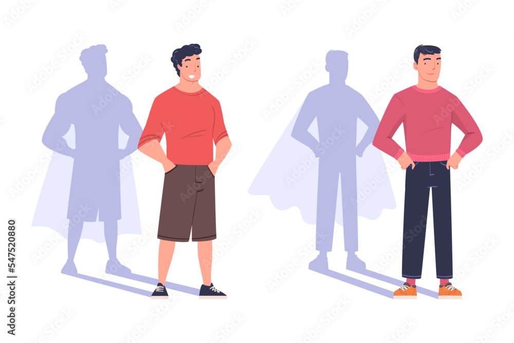 Shadow of Man Superhero Character Standing and Smiling Vector Set
