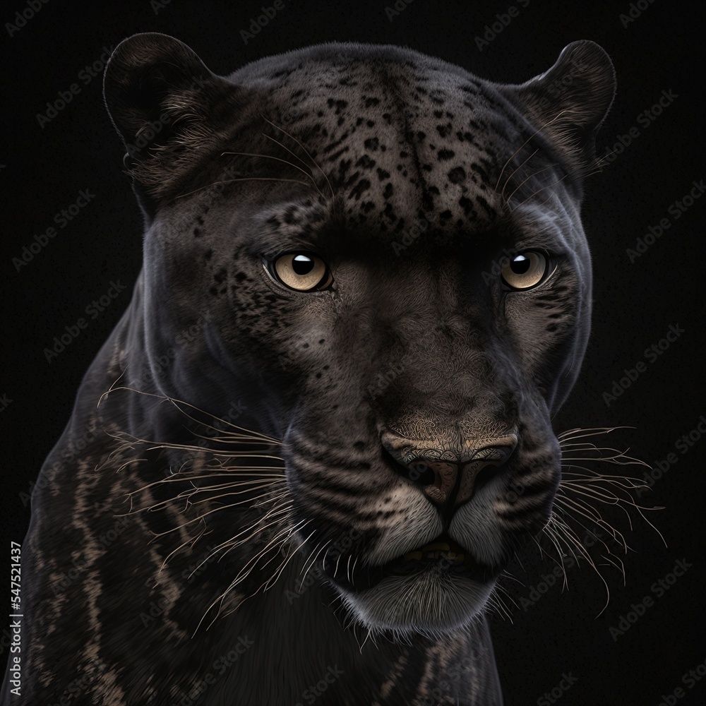 Schwarzer Panther isoliert auf schwarzem Hintergrund, 3D Rendering