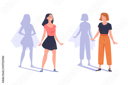 Shadow of Woman Superhero Character Standing and Smiling Vector Set
