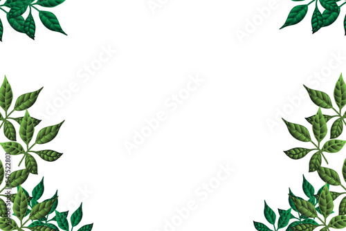 Dark green and light green leaves frame on white background. Figures grouped on the baseboards of art in round and pointed formats. Ecology and nature tourism.