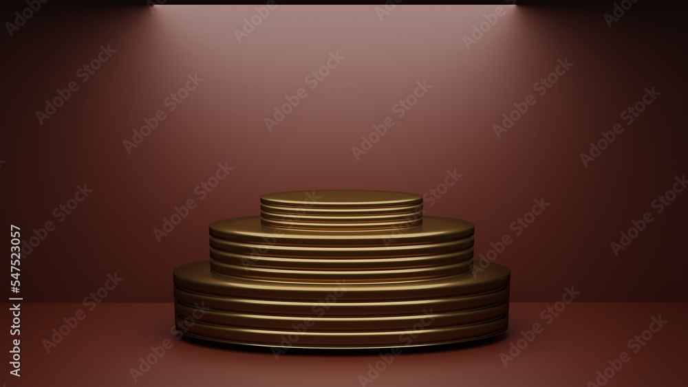 Empty oval triple golden podium with on a dark red background. Stand made of gold in three levels for the presentation of the product.