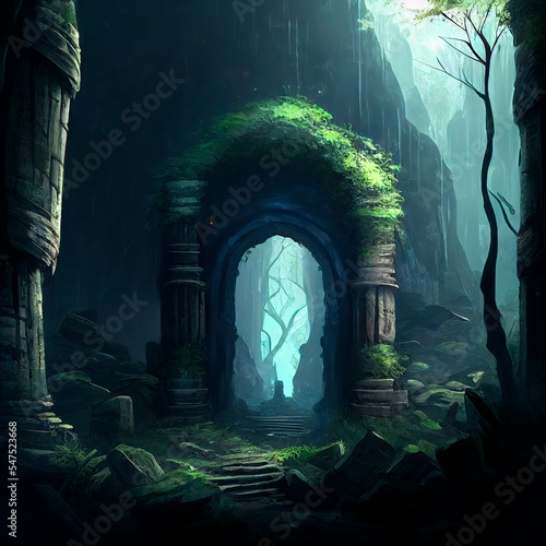 Fantasy temple ruins in the forest