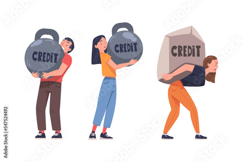 Severity of Mortgage with Man and Woman Carrying Heavy Burden of Credit Vector Set