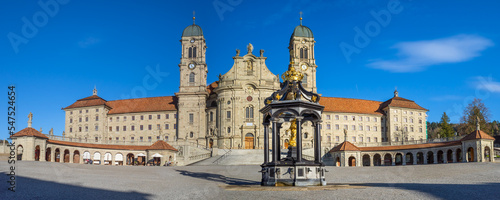 Einsiedeln, Switzerland - October 27, 2022: The Benedictine Abbey of Einsiedeln with its mighty basilica is the main catholic pilgrimage center in Switzerland