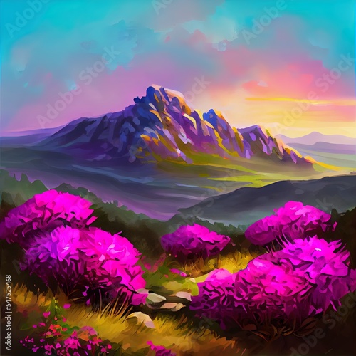 Digital artwork in watercolor painting style. Magic pink rhododendron flowers on summer mountain