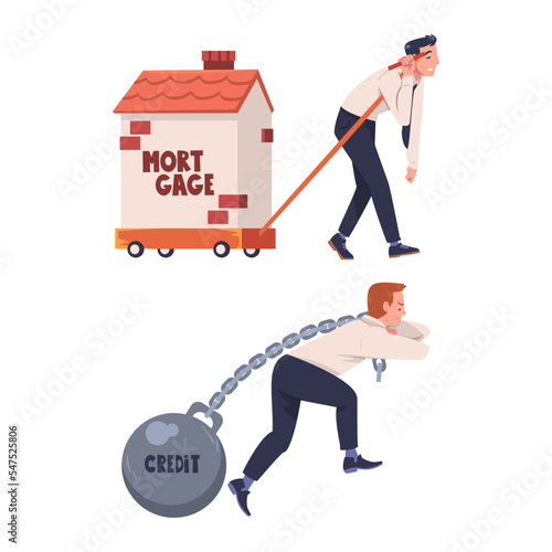 Severity of Mortgage with Man Pulling House and Metal Ball with Chain as Heavy Burden of Credit Vector Set