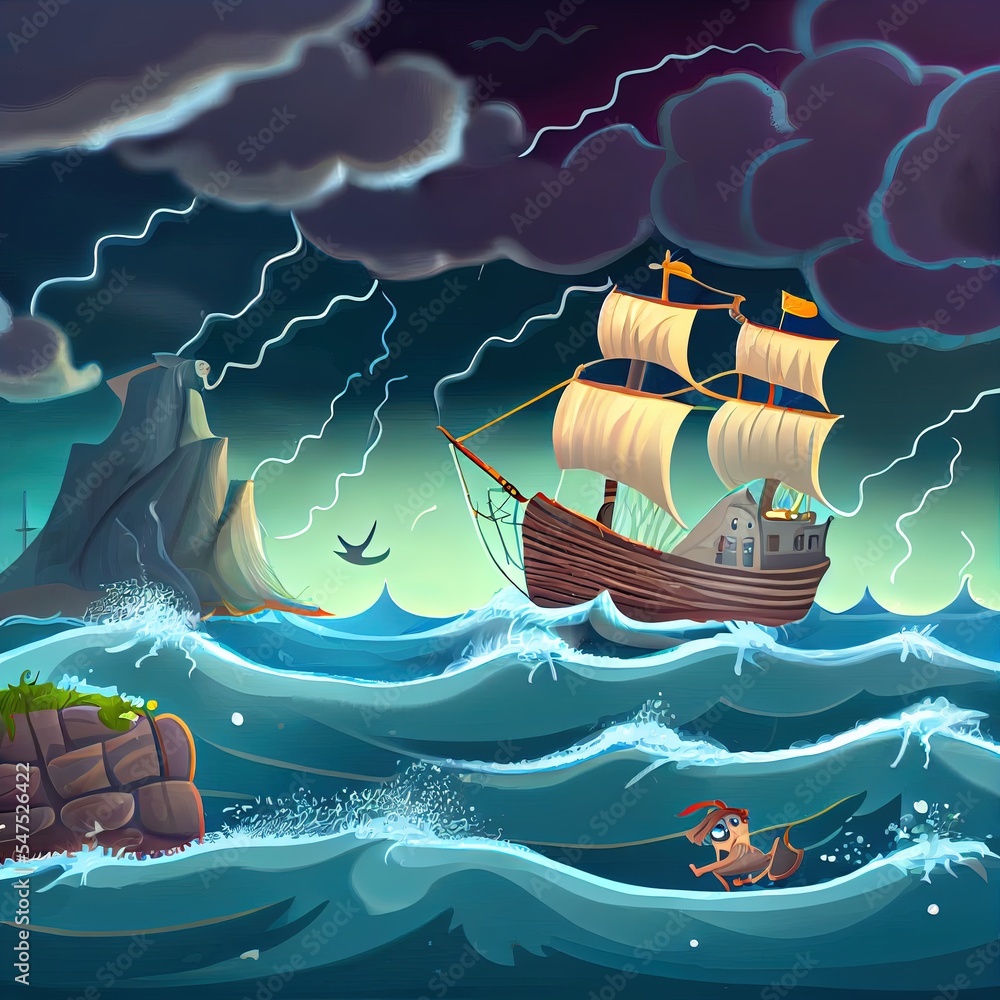 Cartoon scene with old ship sailing during storm with mermaid watching illustration for the children