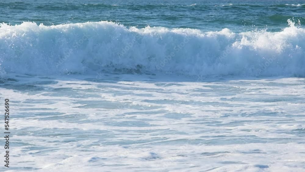 Close up view on high waves with foam and splashes on the empty coast of the Atlantic Ocean. Slow motion Full HD video of empty beautiful evening ocean beach Close up view on high waves with foam and splashes on the empty coast of the Atlantic Ocean. Slow motion Full HD video of empty beautiful evening ocean beach