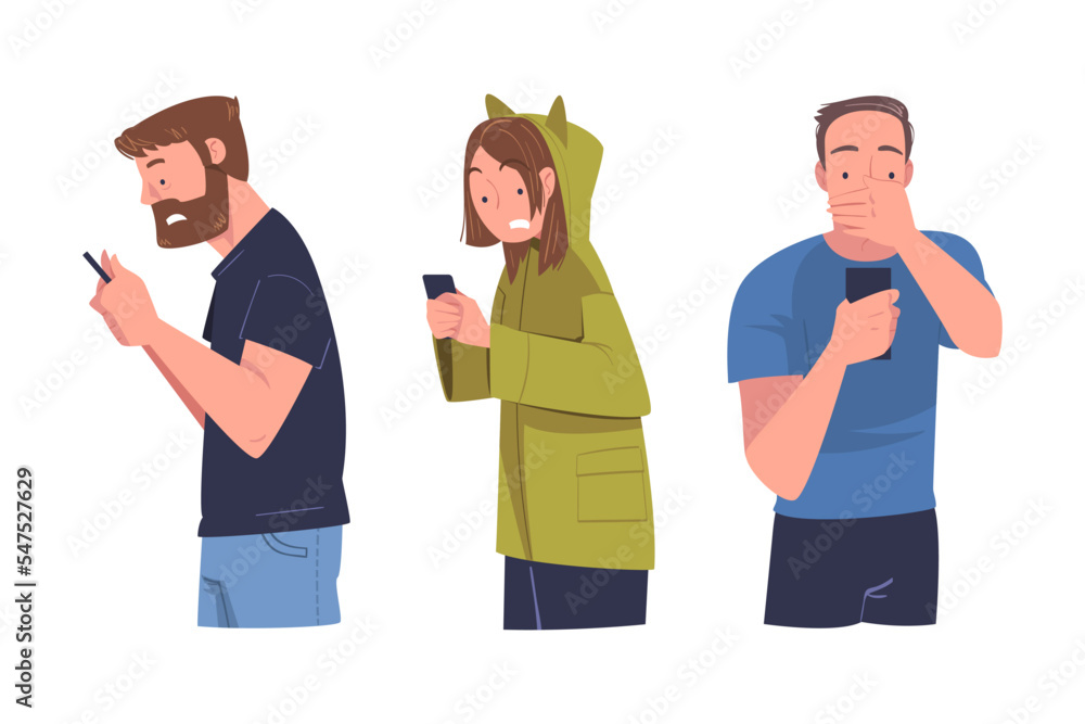Man and Woman Character with Smartphone Reading Shock Content or News Vector Set